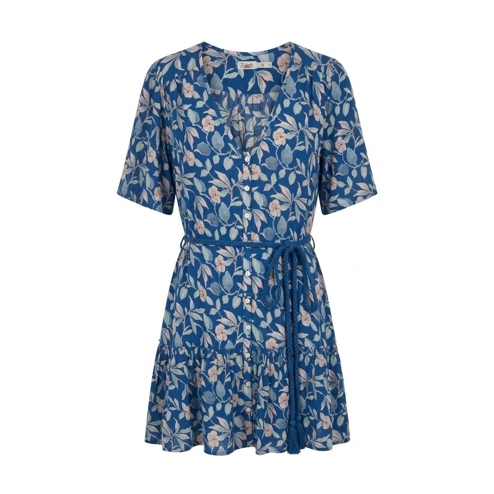 Faherty Orinda Womens Tie Waist Button-Up Crepe Mini Dress Blue Luau Floral S